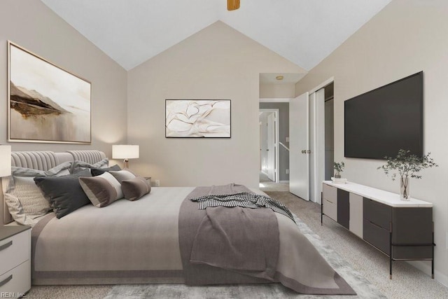 bedroom featuring light colored carpet and vaulted ceiling