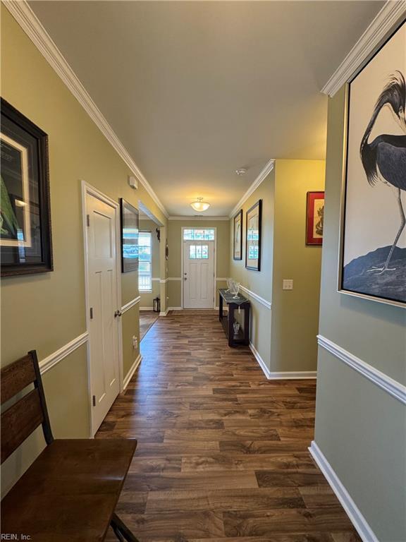 hall featuring ornamental molding and dark wood-type flooring