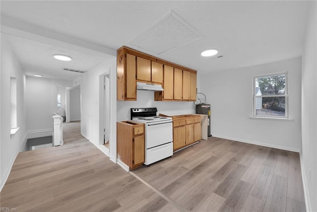 kitchen featuring white range with electric stovetop, electric water heater, and light hardwood / wood-style flooring