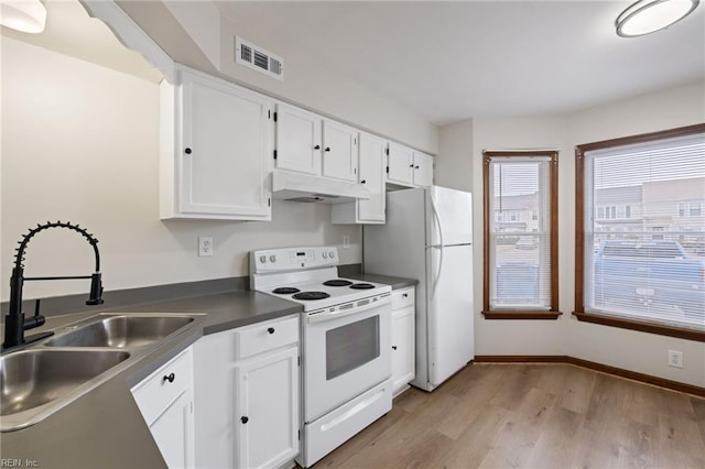 kitchen featuring sink, white cabinets, white appliances, and light hardwood / wood-style flooring