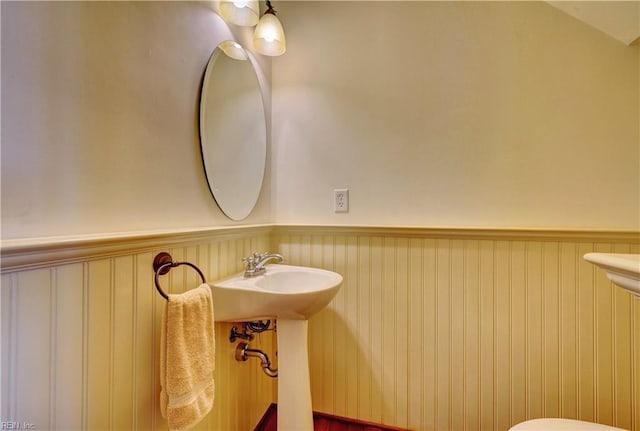 bathroom with wood walls