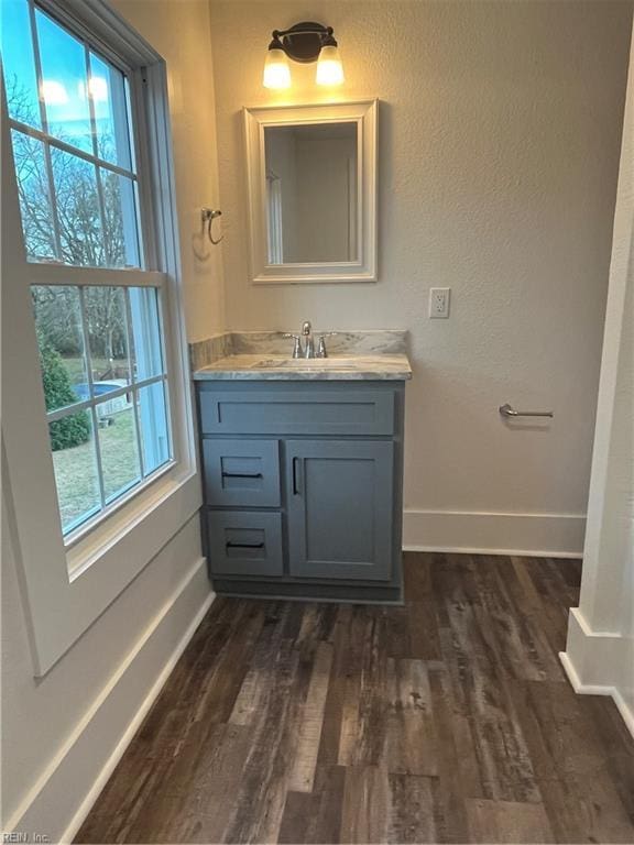 bathroom featuring wood-type flooring, vanity, and a healthy amount of sunlight