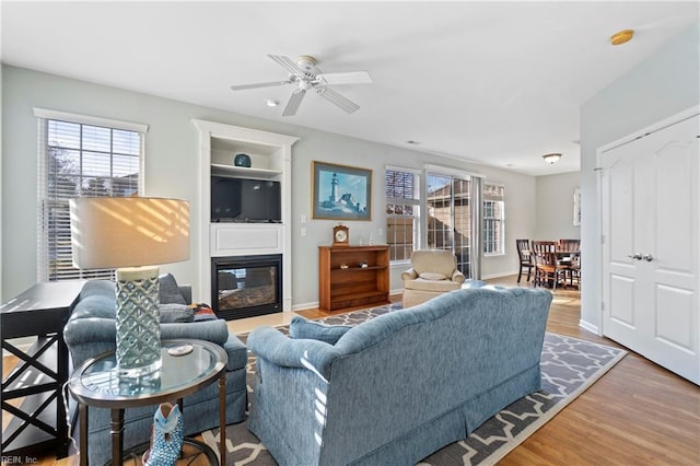 living room with ceiling fan and wood-type flooring