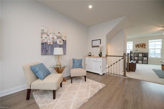 living area featuring ceiling fan and wood-type flooring