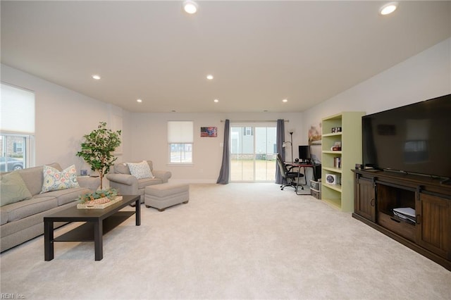 living room with light colored carpet