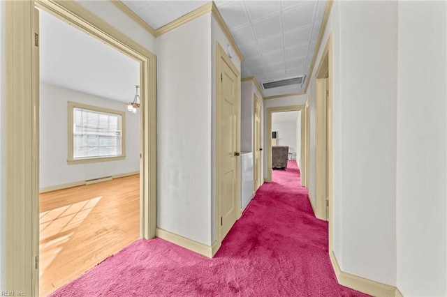 hallway featuring wood-type flooring and ornamental molding