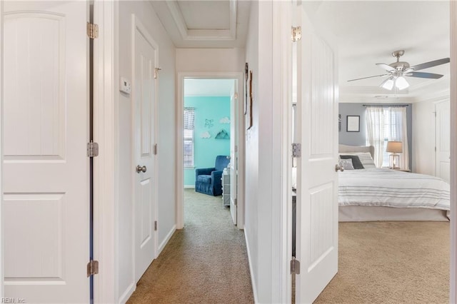 corridor with light carpet and ornamental molding