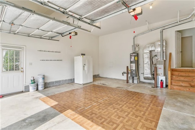 garage with gas water heater, a garage door opener, and white fridge with ice dispenser