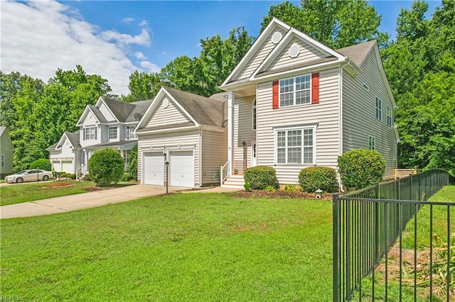 view of front of house with a garage and a front lawn