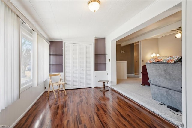 bedroom featuring a closet, dark wood-type flooring, and multiple windows