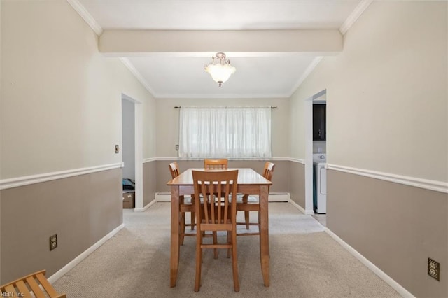 dining space with crown molding, lofted ceiling with beams, and washer / dryer