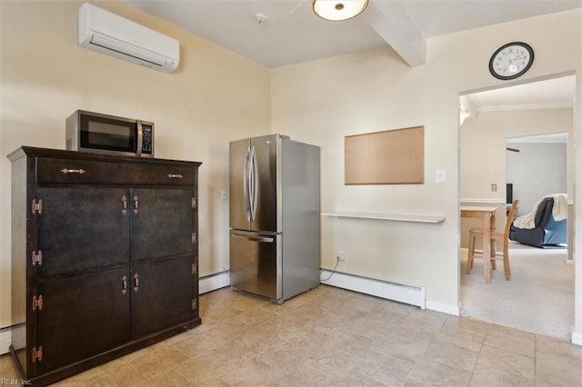 kitchen featuring dark brown cabinetry, stainless steel appliances, an AC wall unit, and a baseboard heating unit