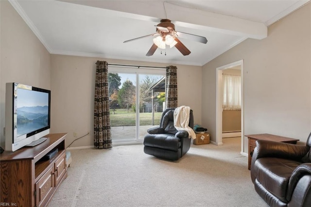 living area featuring light colored carpet, lofted ceiling with beams, a baseboard radiator, and ornamental molding