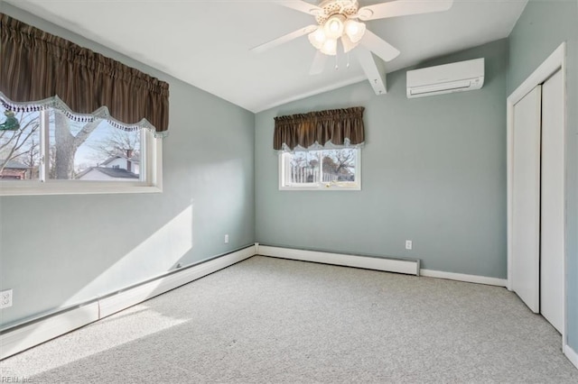 unfurnished bedroom with a wall unit AC, multiple windows, ceiling fan, and lofted ceiling with beams