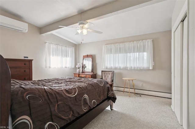 bedroom with light colored carpet, a wall mounted AC, baseboard heating, ceiling fan, and vaulted ceiling with beams