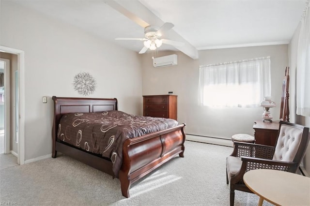 bedroom featuring ceiling fan, a wall mounted air conditioner, baseboard heating, light colored carpet, and vaulted ceiling