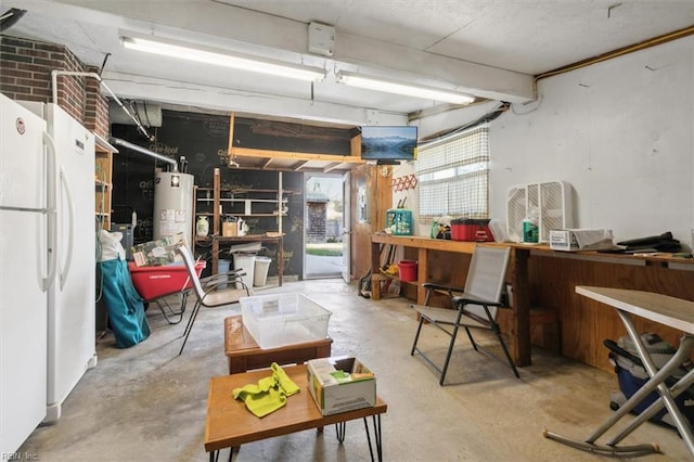 interior space with gas water heater and white fridge