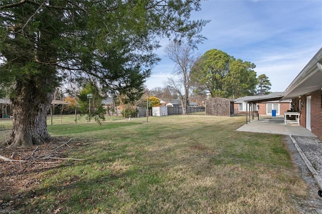 view of yard featuring a storage unit and a patio area