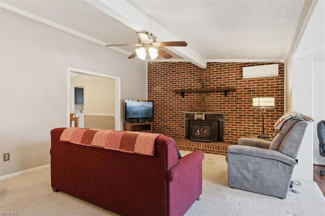 carpeted living room featuring a wall mounted air conditioner, vaulted ceiling with beams, ceiling fan, and a wood stove