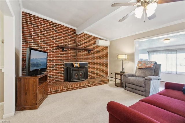 carpeted living room with a wood stove, baseboard heating, lofted ceiling with beams, a wall unit AC, and ornamental molding