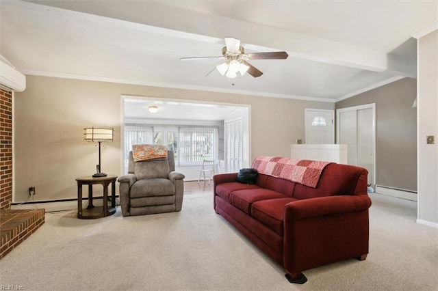 living room with baseboard heating, light carpet, ceiling fan, and ornamental molding