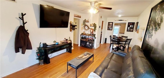 living room with ceiling fan and hardwood / wood-style floors