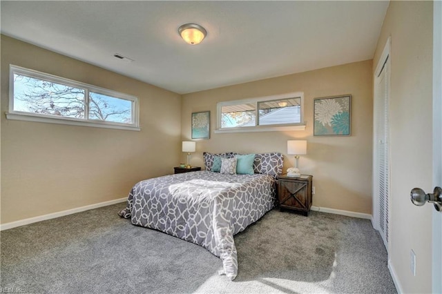 bedroom featuring carpet flooring, a closet, and multiple windows