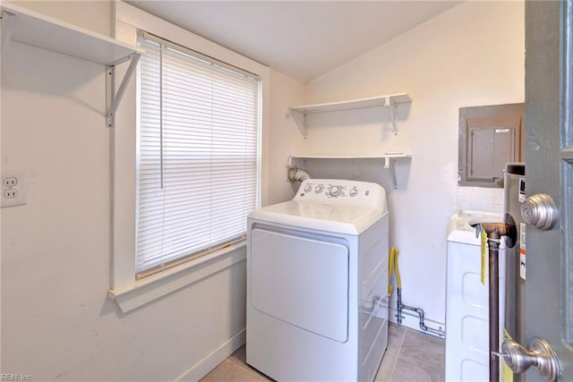 laundry area with light tile patterned flooring, electric panel, and water heater