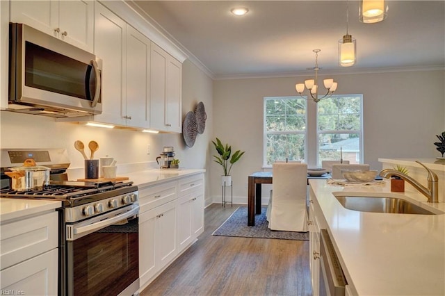 kitchen with white cabinets, sink, ornamental molding, wood-type flooring, and stainless steel appliances