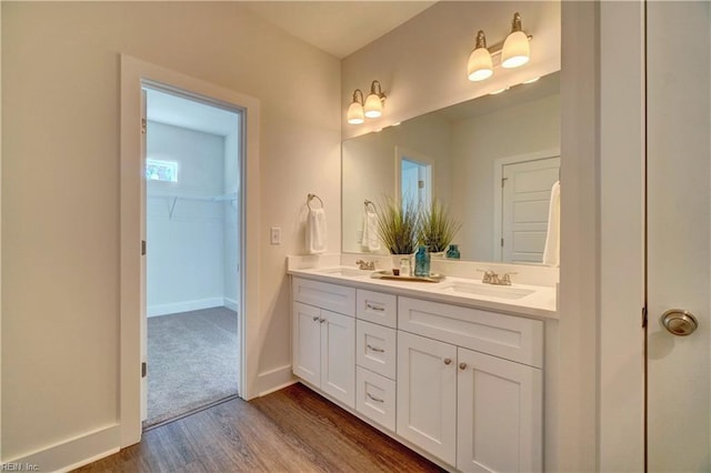 bathroom with vanity and hardwood / wood-style flooring