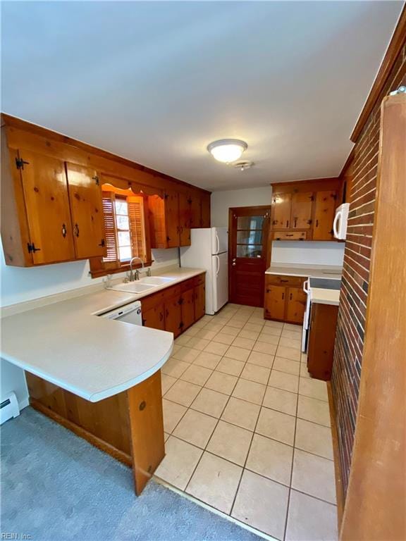 kitchen featuring kitchen peninsula, sink, and white appliances