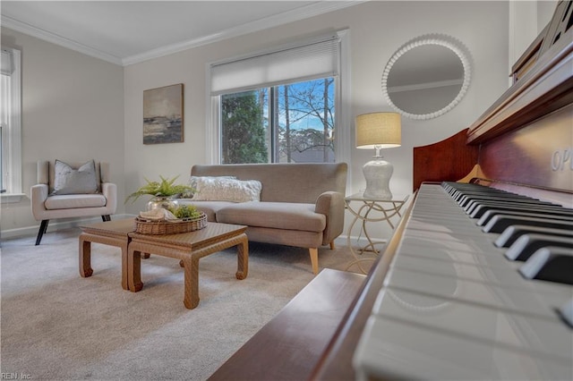 living room featuring crown molding and light carpet