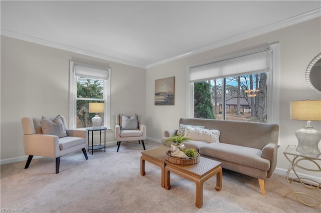 living room featuring light colored carpet and ornamental molding