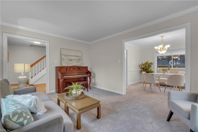 living room featuring light colored carpet, ornamental molding, and an inviting chandelier