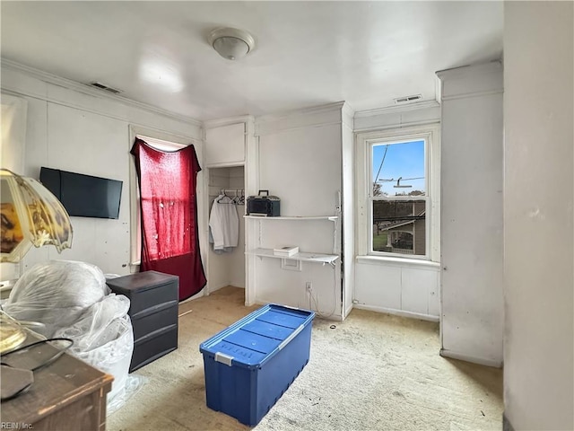 miscellaneous room featuring light carpet and ornamental molding