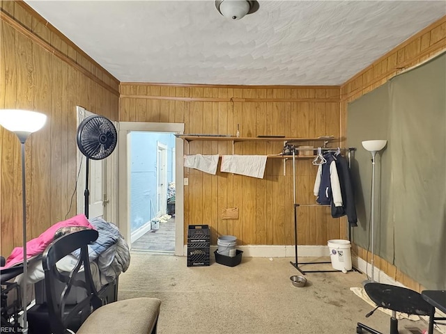 exercise room featuring light carpet and wooden walls