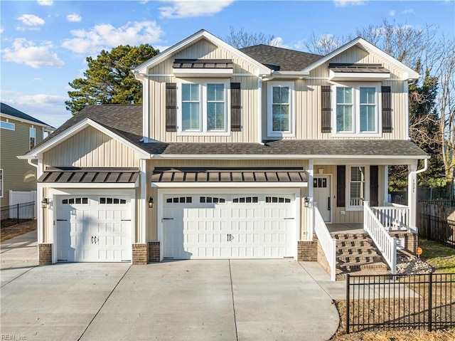 craftsman inspired home with a porch and a garage