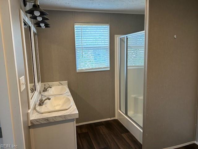 bathroom featuring hardwood / wood-style flooring, vanity, and a shower with shower door