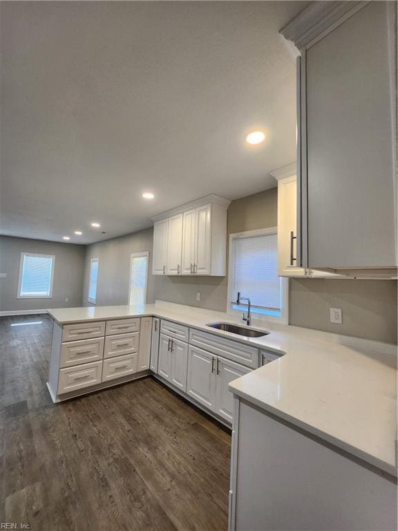 kitchen featuring kitchen peninsula, sink, white cabinets, and dark hardwood / wood-style floors