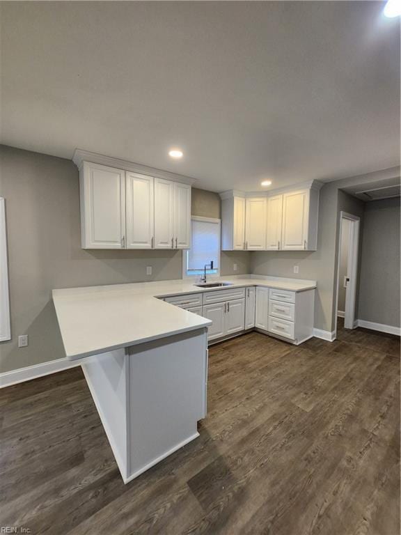 kitchen with white cabinets, kitchen peninsula, dark wood-type flooring, and sink