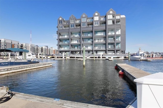 view of dock with a water view