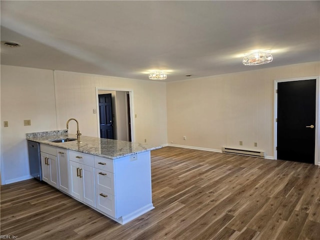 kitchen featuring kitchen peninsula, light stone countertops, dark hardwood / wood-style flooring, sink, and white cabinets