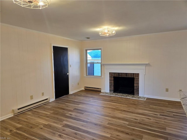 unfurnished living room with a fireplace, dark hardwood / wood-style flooring, and a baseboard radiator