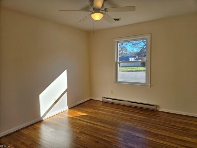 unfurnished room with ceiling fan, dark hardwood / wood-style flooring, and a baseboard radiator