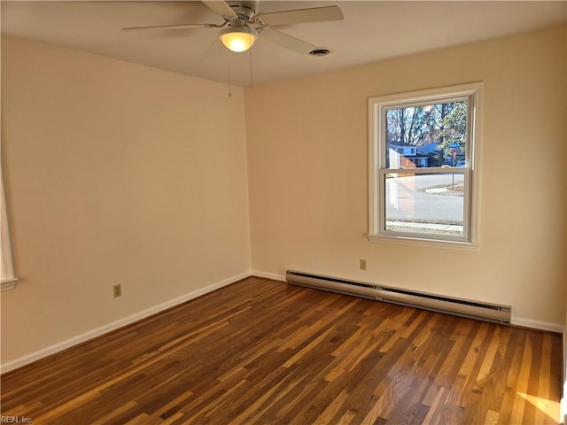 spare room with dark hardwood / wood-style flooring, baseboard heating, and ceiling fan