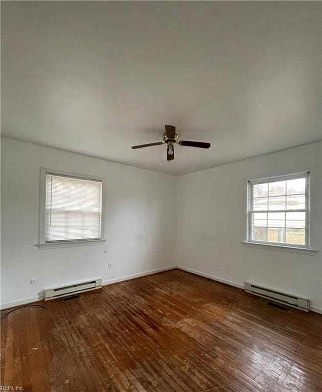 empty room featuring dark hardwood / wood-style floors, ceiling fan, and a baseboard heating unit