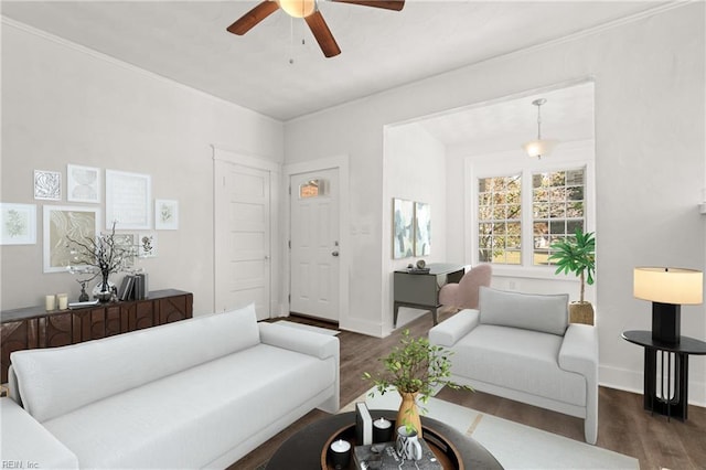 living room featuring ceiling fan and dark hardwood / wood-style floors