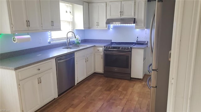 kitchen with sink, dark hardwood / wood-style flooring, white cabinets, and appliances with stainless steel finishes