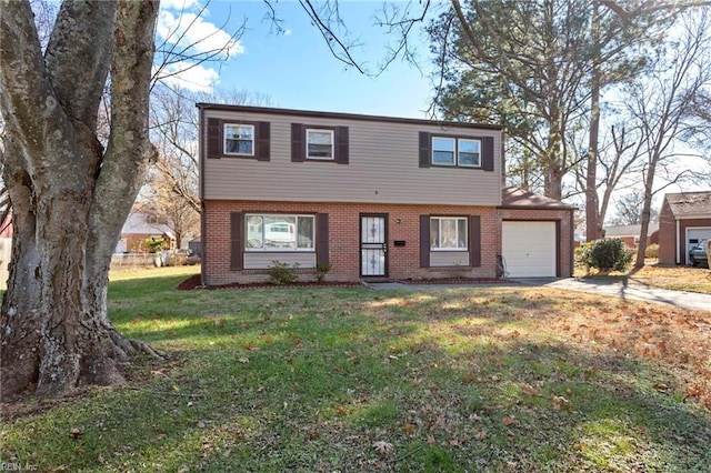 view of front of property with a garage and a front lawn