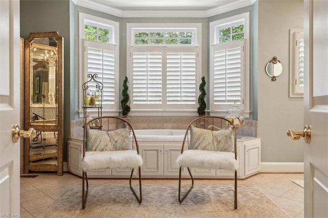 living area featuring a wealth of natural light, crown molding, and light tile patterned flooring